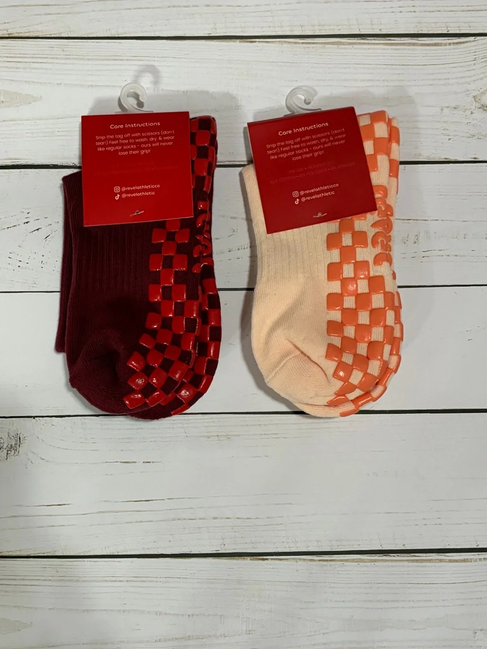 Pair of Revel Grip Crew Socks - Cherry Red & Peach Cream